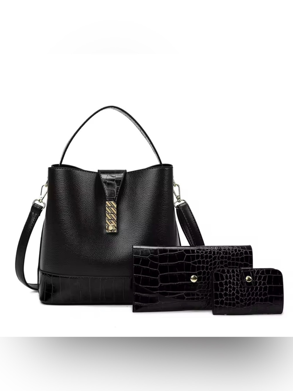 Black Women's Faux Leather Tote Bag with Matching Croc Wallets